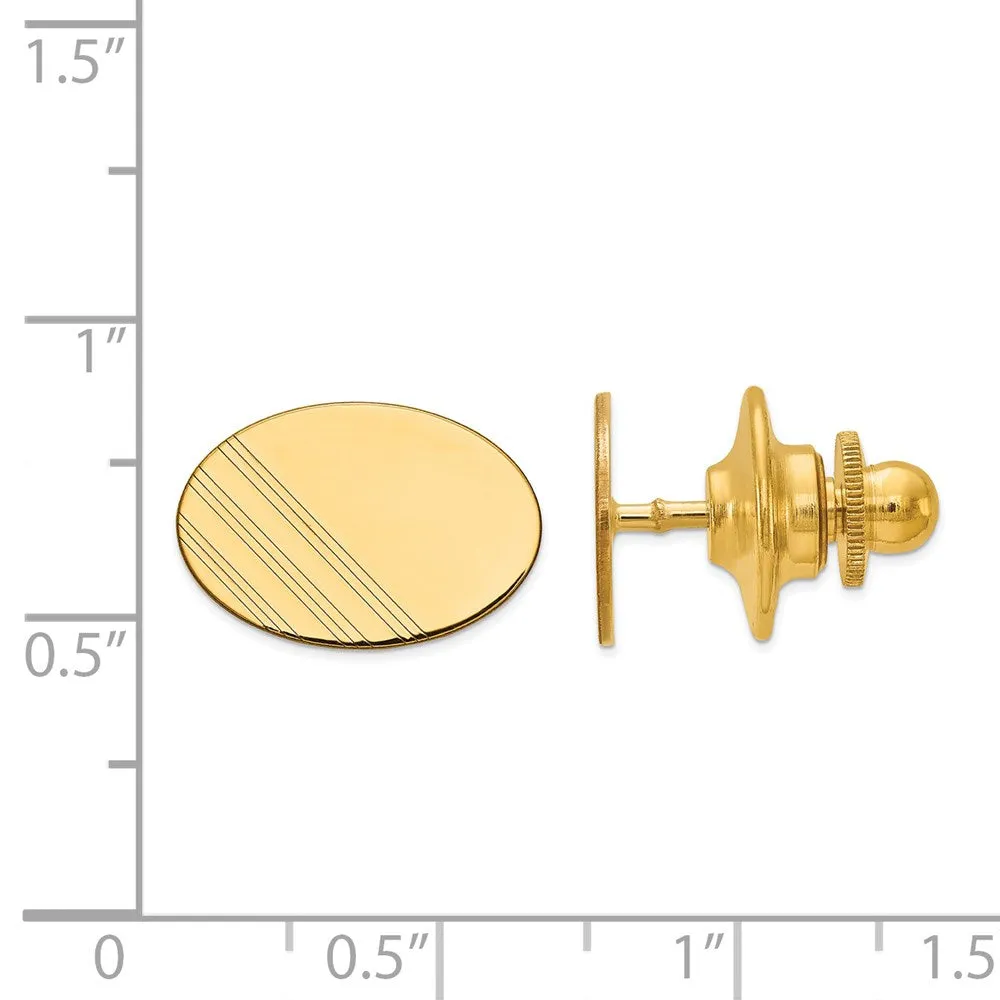 14K Yellow Gold Diagonal Striped Oval Lapel or Tie Pin, 16 x 11mm