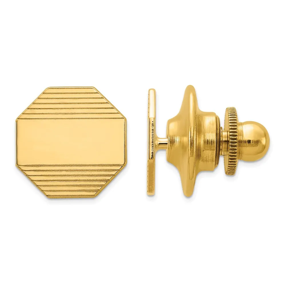 14K Yellow Gold Small Grooved Striped Octagon Lapel or Tie Pin, 10mm