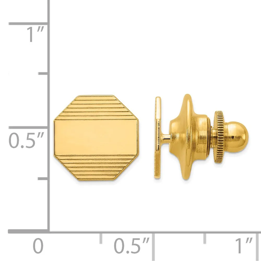 14K Yellow Gold Small Grooved Striped Octagon Lapel or Tie Pin, 10mm