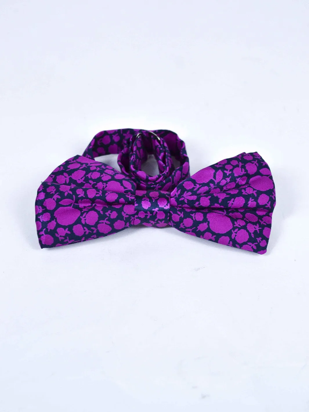 1980s silk bow tie with violet flowery print on black background