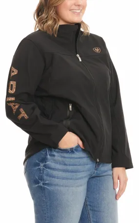 Ariat Women's Black with Leopard Print Logo Sleeve New Team Softshell Jacket - Plus Sizes