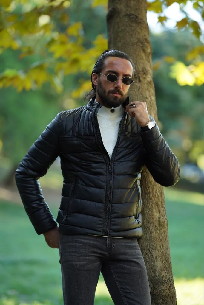 Avion Slim Fit Black Faux Leather Puffer Jacket