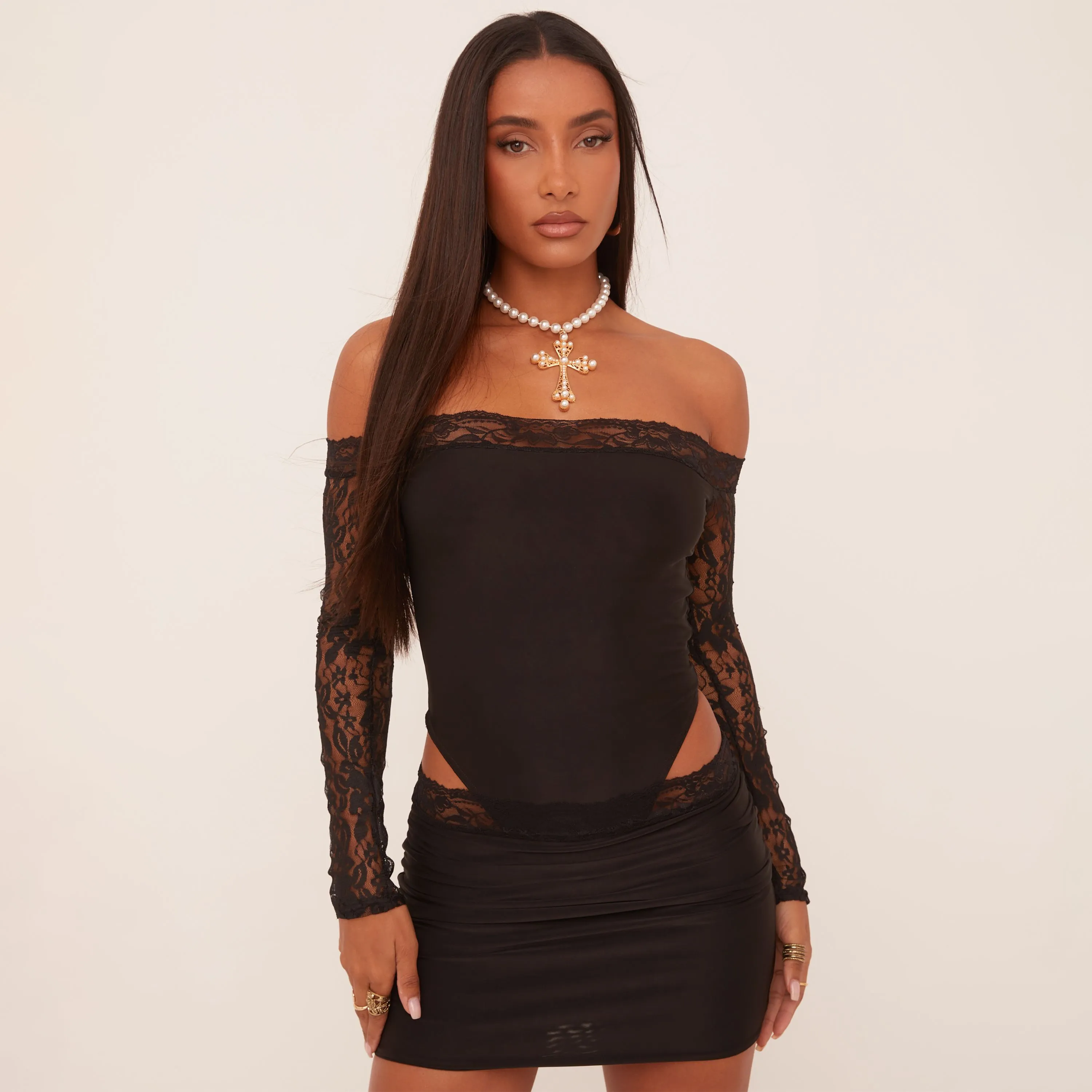 Bardot Long Sleeve High Rise Bodysuit In Black Lace