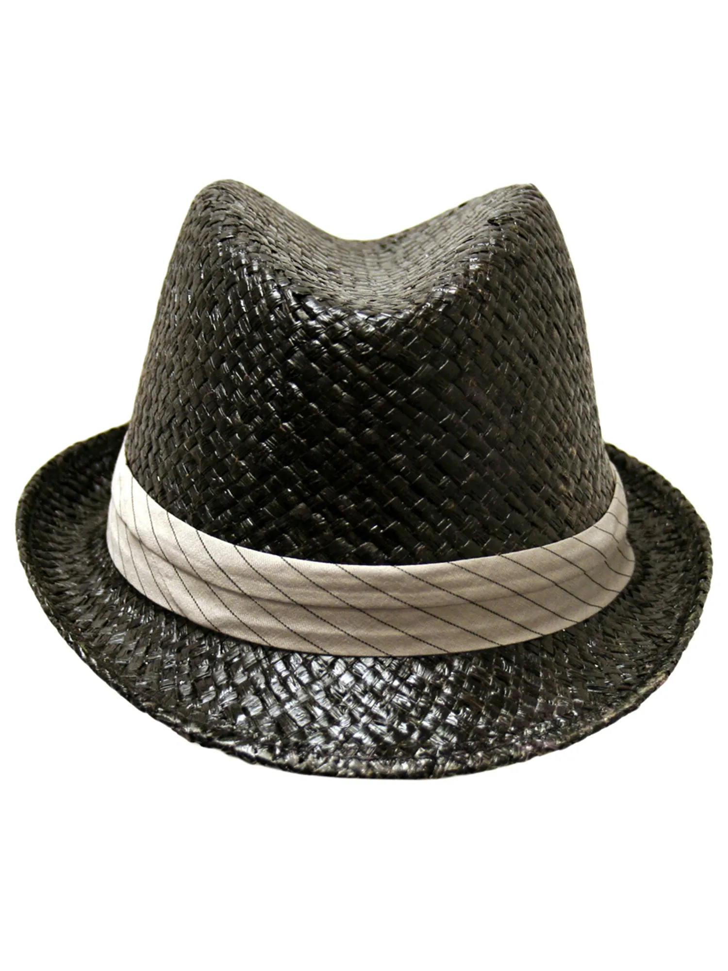 Black Woven Fedora Hat With Pinstriped Hat Band