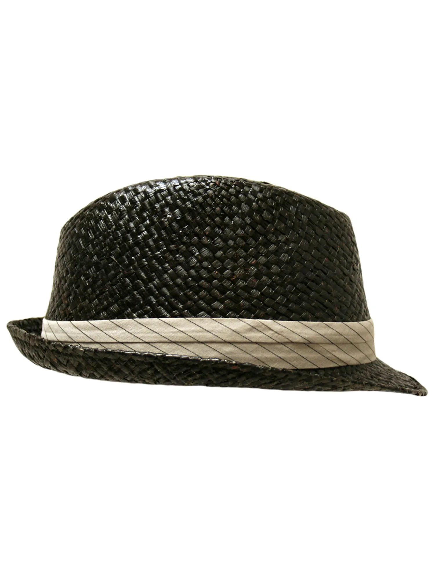 Black Woven Fedora Hat With Pinstriped Hat Band