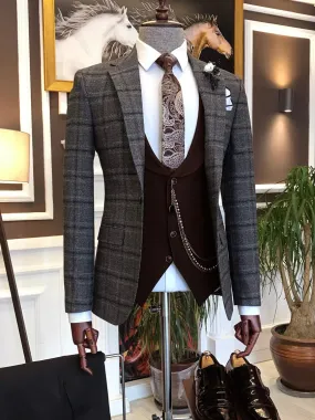 Bojoni Brown Plaid Slim-Fit Suit 3-Piece