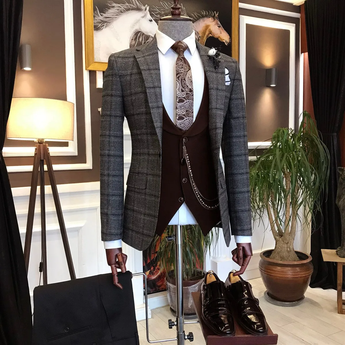 Bojoni Brown Plaid Slim-Fit Suit 3-Piece