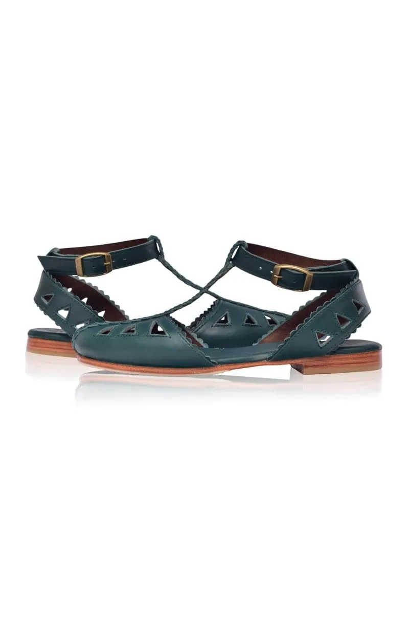 Bounty T-strap Leather Sandals in Emerald