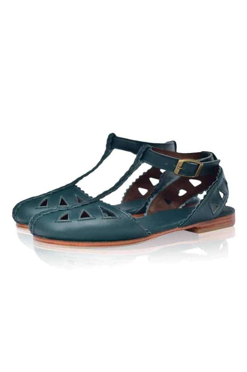 Bounty T-strap Leather Sandals in Emerald