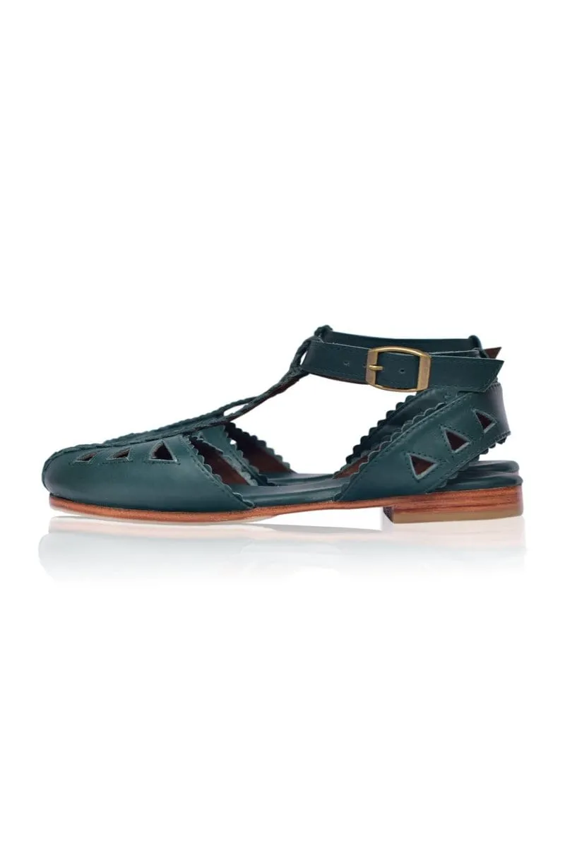 Bounty T-strap Leather Sandals in Emerald