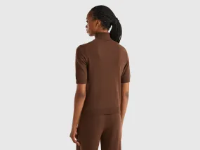 Dark brown short sleeve turtleneck in cashmere blend - Dark Brown | Benetton