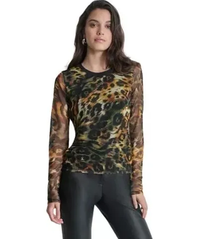 DKNY Women's Long Sleeve Mixed Animal Print Mesh Knit Blouse