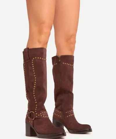 EGO Sola Stud Ring Detail Platform Block Heel Knee High Long Boot In Brown Faux Suede