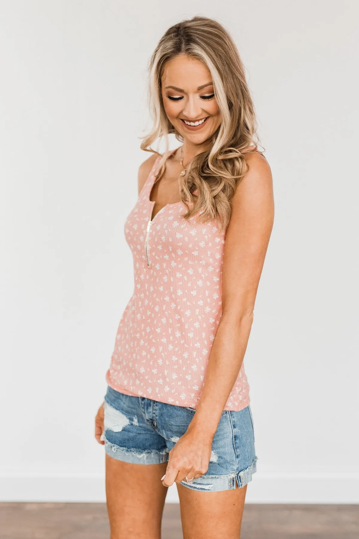 Feeling Fun Floral Zipper Henley Tank Top- Peach