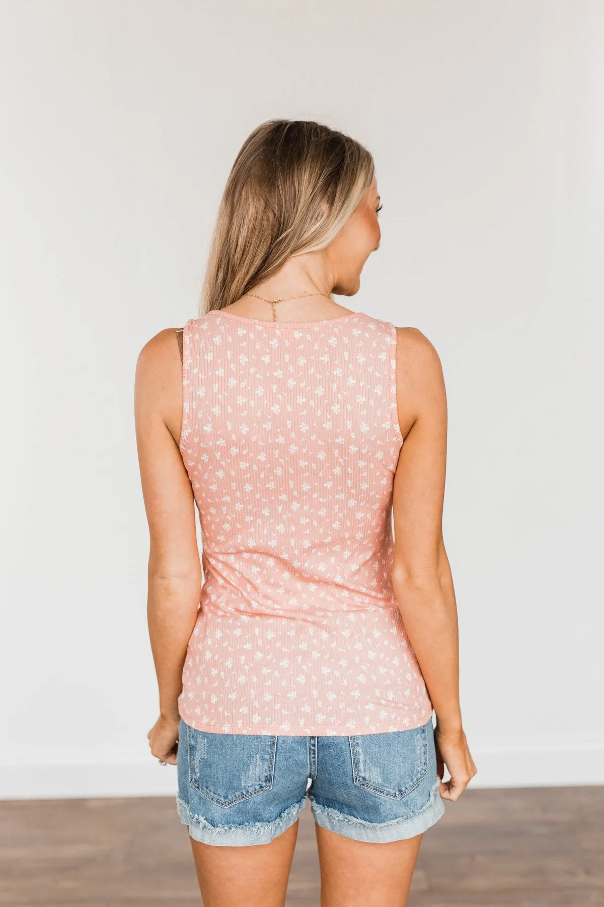 Feeling Fun Floral Zipper Henley Tank Top- Peach