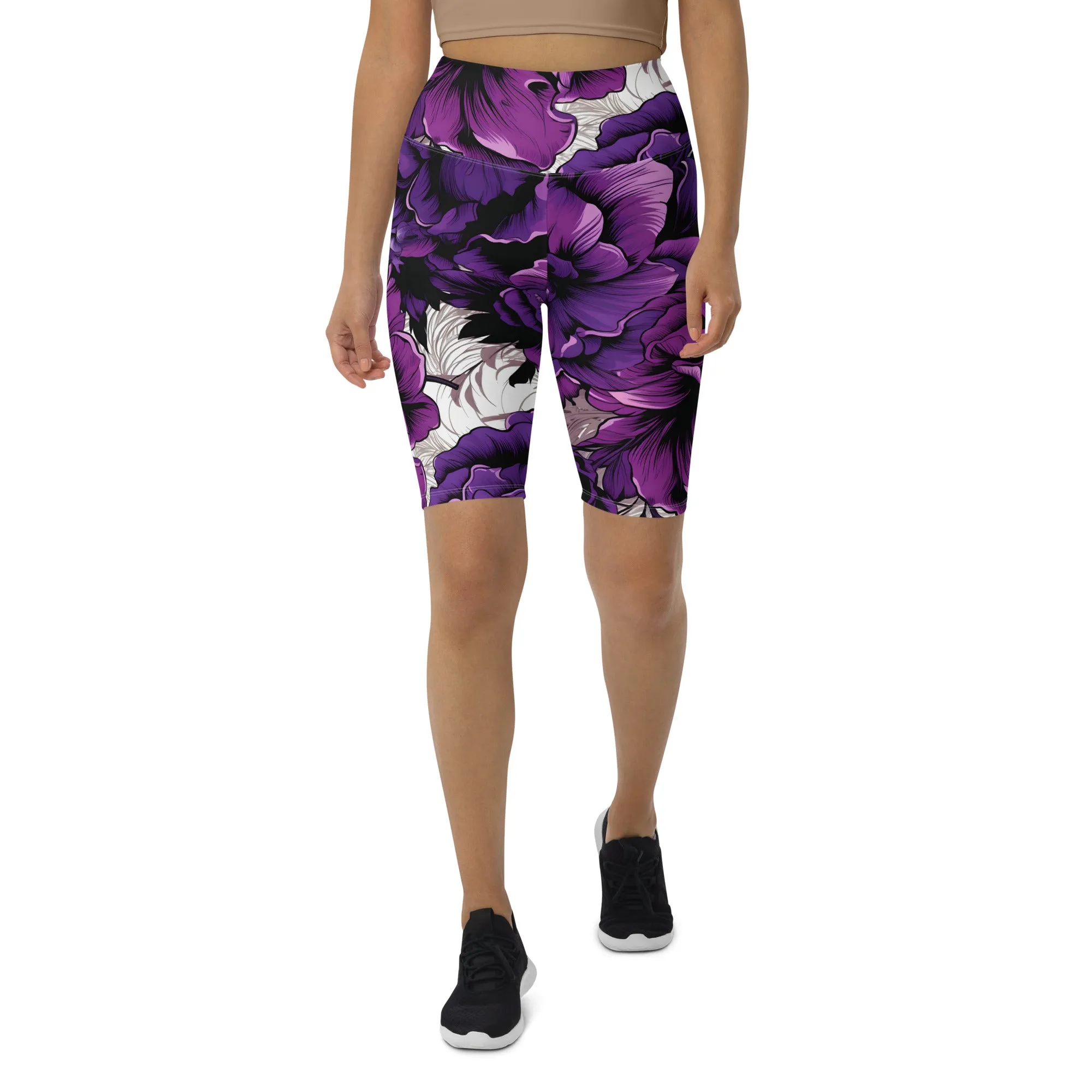 Floral Fitness: Women's Mile After Mile Biker Shorts - Purple Flowers 001