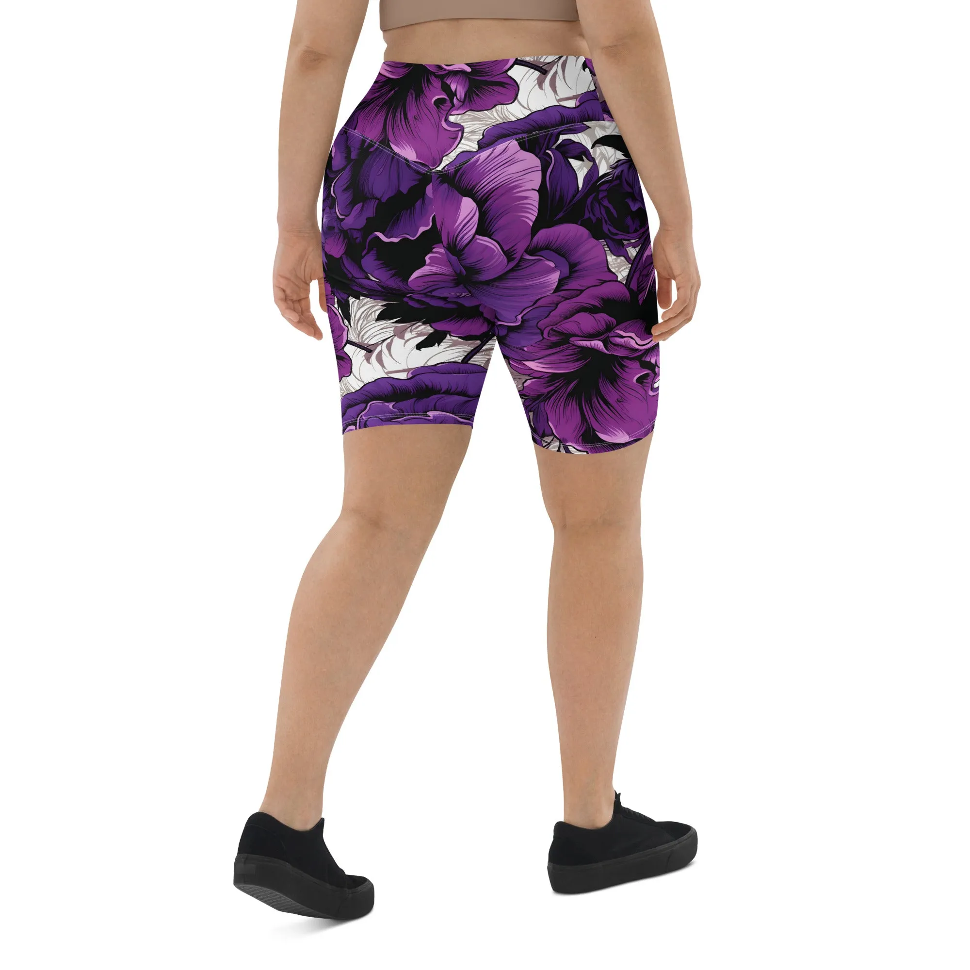 Floral Fitness: Women's Mile After Mile Biker Shorts - Purple Flowers 001