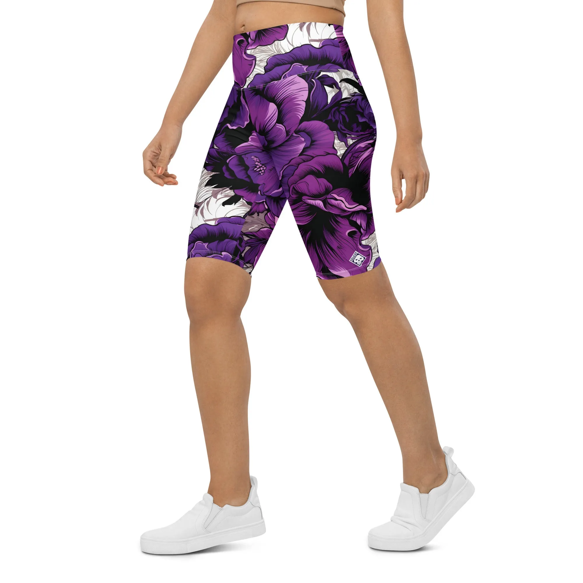 Floral Fitness: Women's Mile After Mile Biker Shorts - Purple Flowers 001