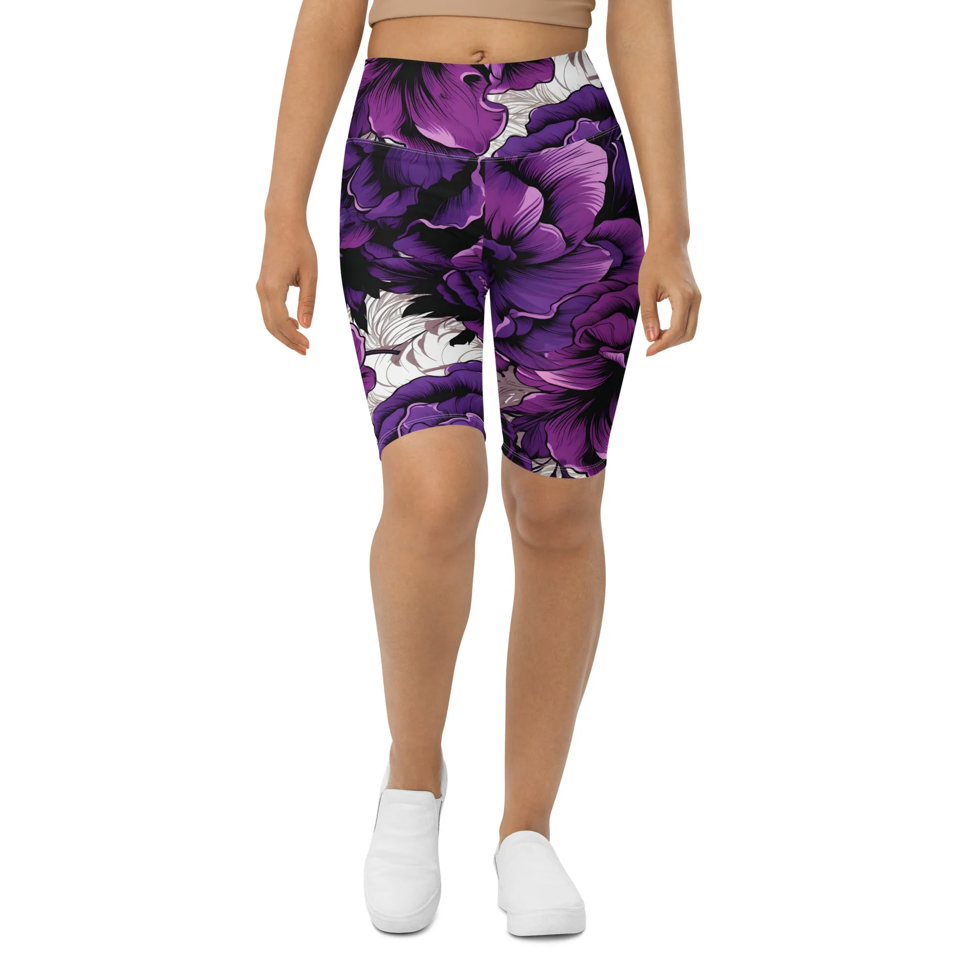 Floral Fitness: Women's Mile After Mile Biker Shorts - Purple Flowers 001