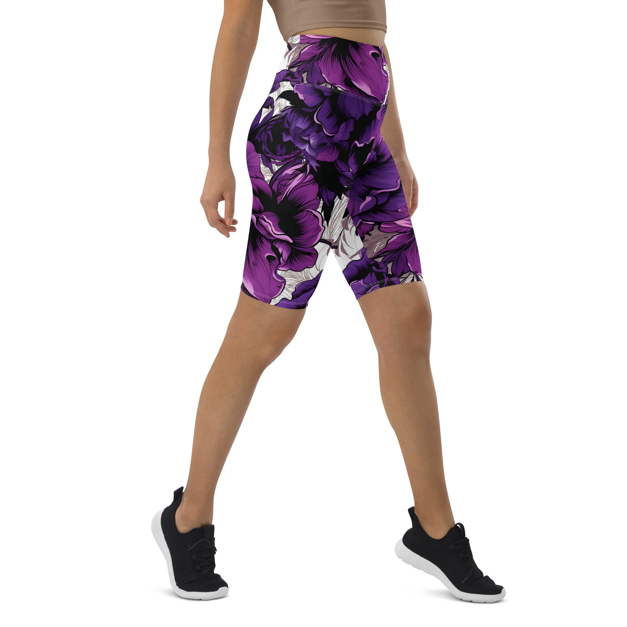 Floral Fitness: Women's Mile After Mile Biker Shorts - Purple Flowers 001