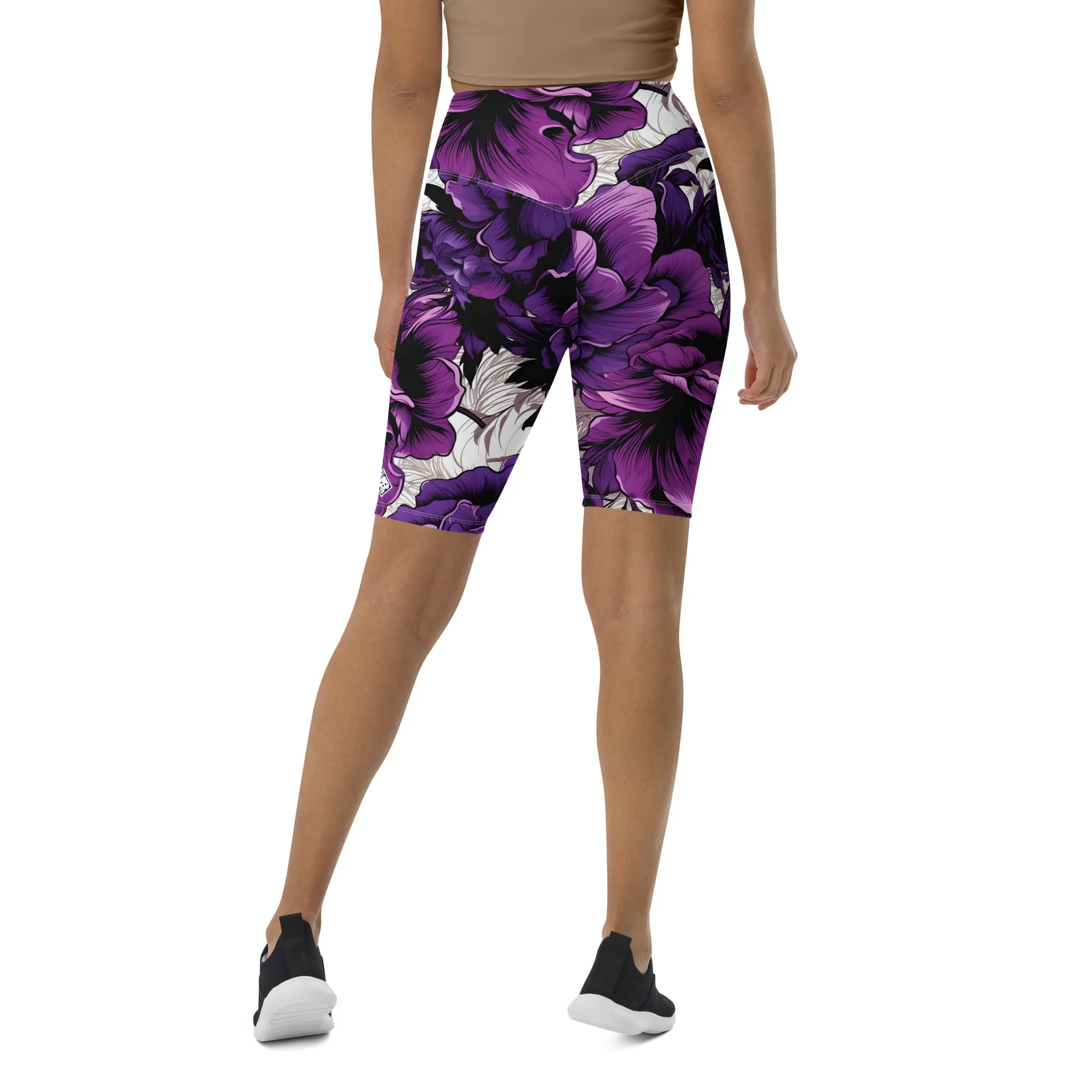 Floral Fitness: Women's Mile After Mile Biker Shorts - Purple Flowers 001