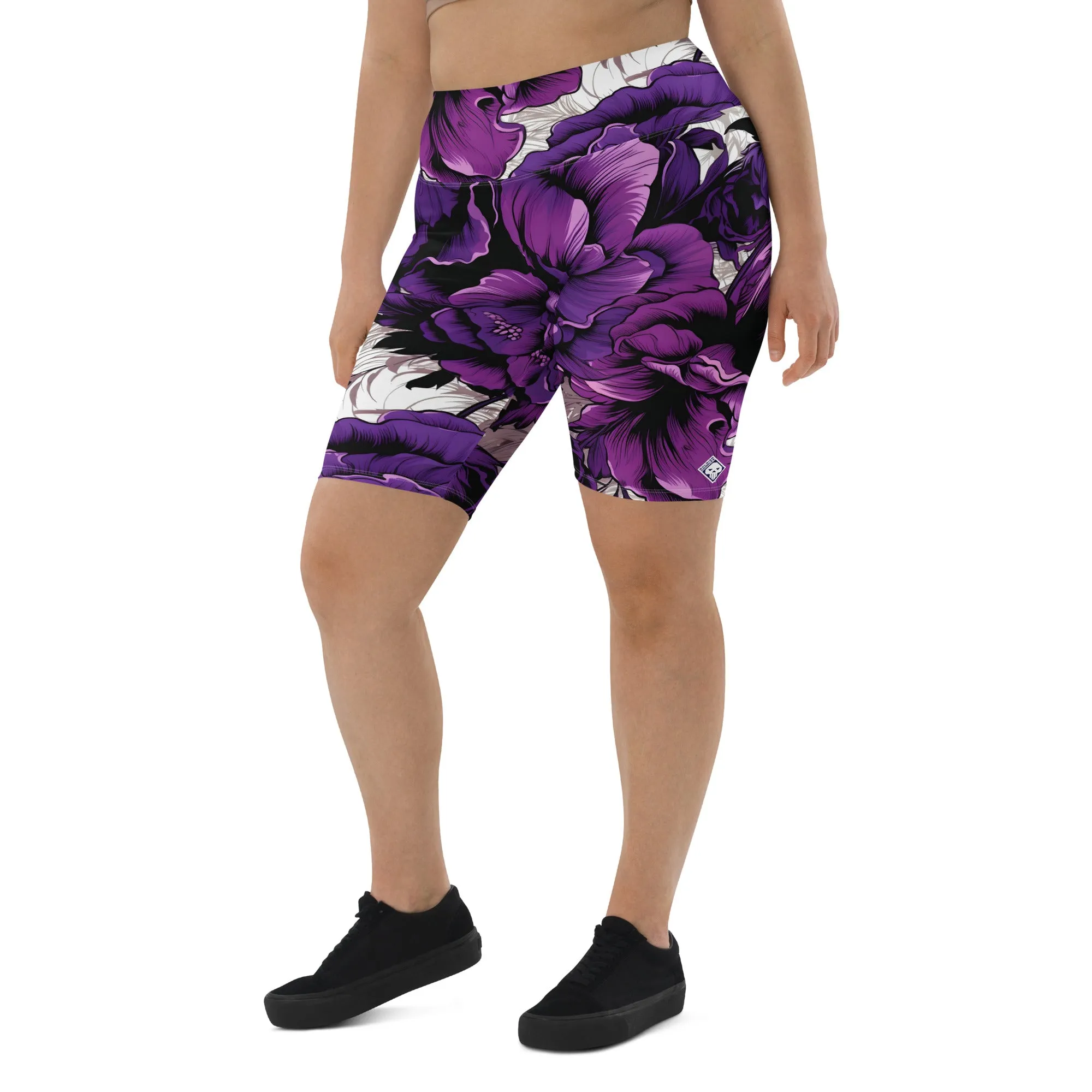 Floral Fitness: Women's Mile After Mile Biker Shorts - Purple Flowers 001