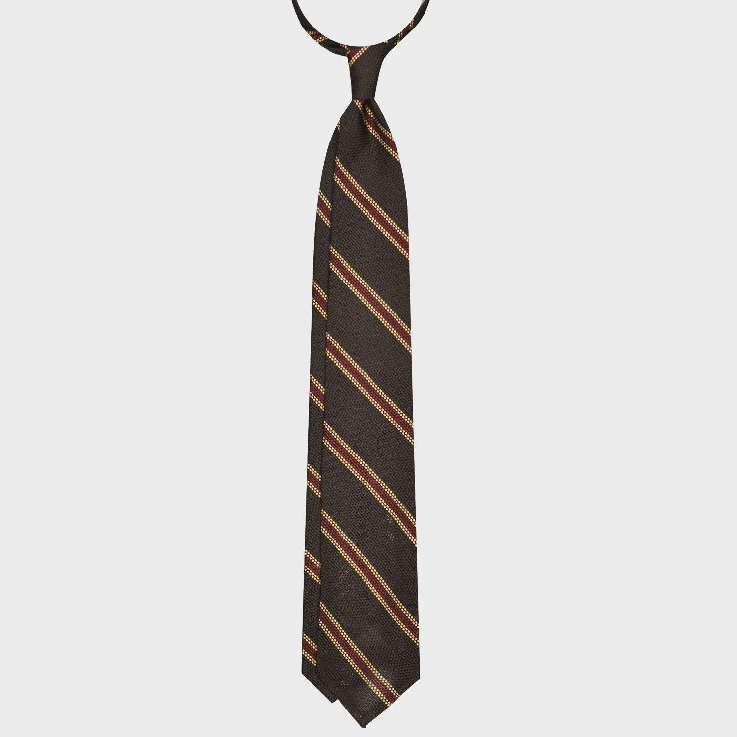 F.Marino Grenadine Silk Tie 3 Folds Regimental Coffee Brown