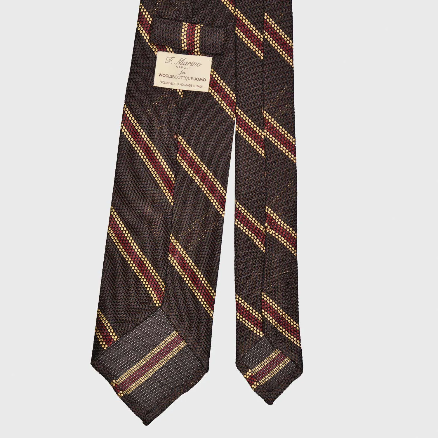 F.Marino Grenadine Silk Tie 3 Folds Regimental Coffee Brown