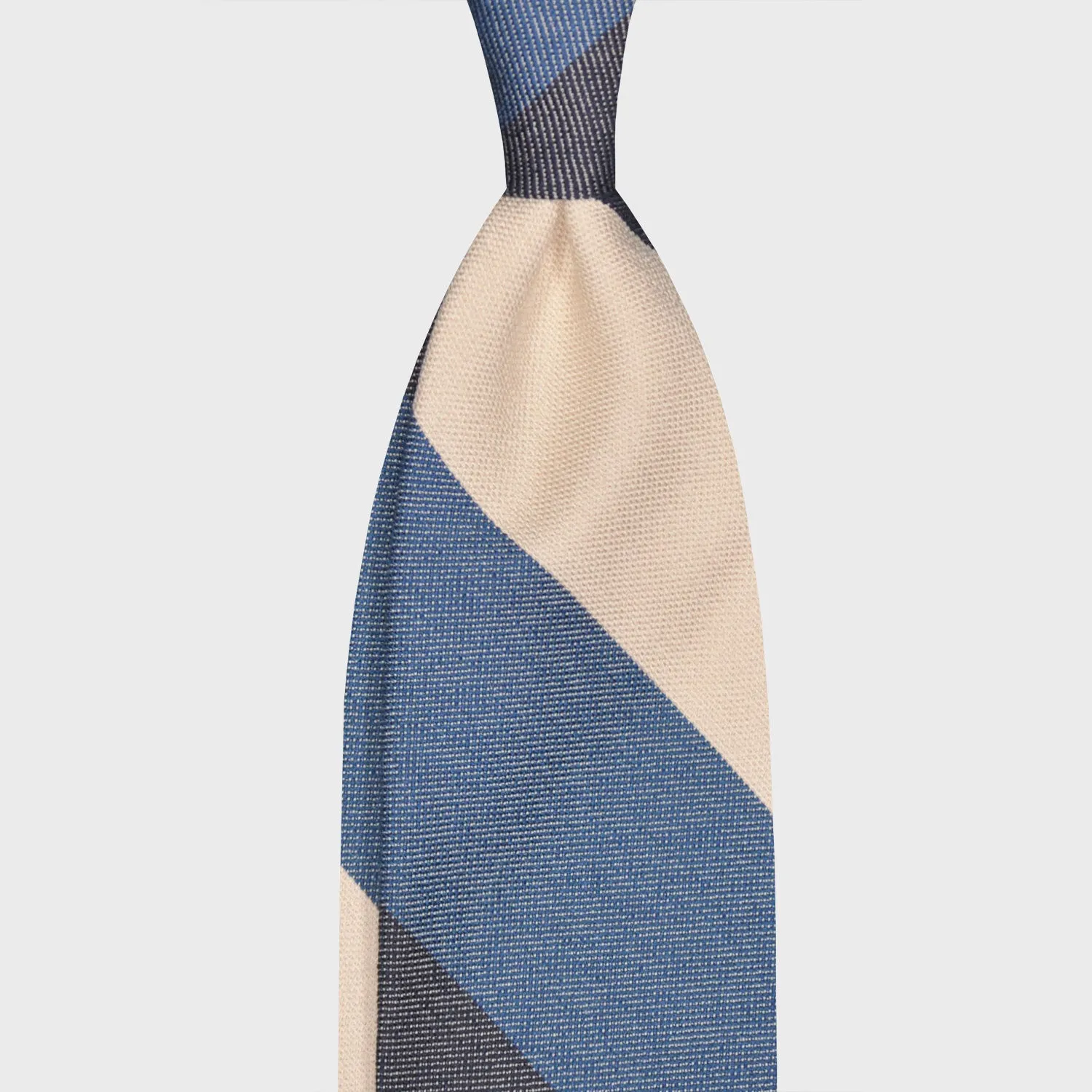 F.Marino Panama Silk Tie 3 Folds Regimental Maxi Stripes Denim