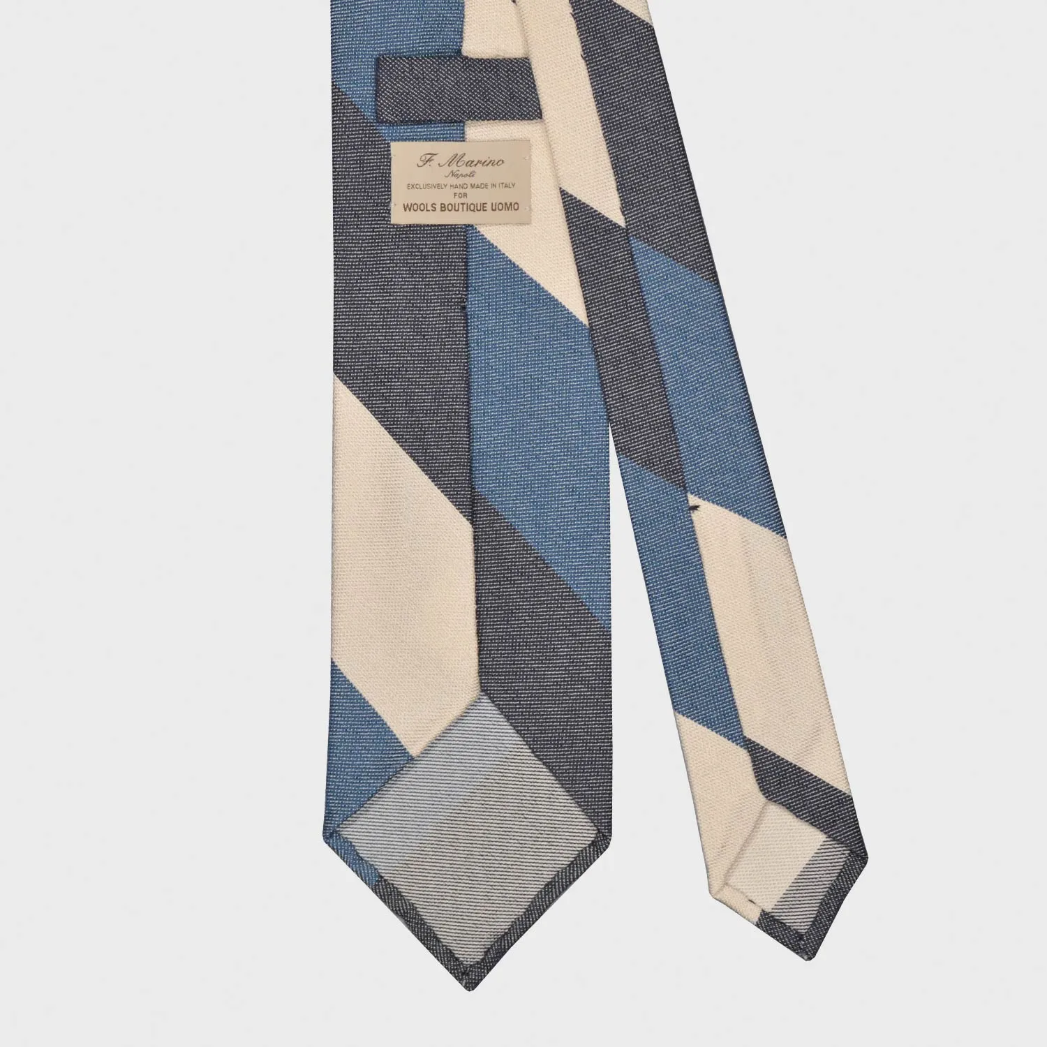 F.Marino Panama Silk Tie 3 Folds Regimental Maxi Stripes Denim