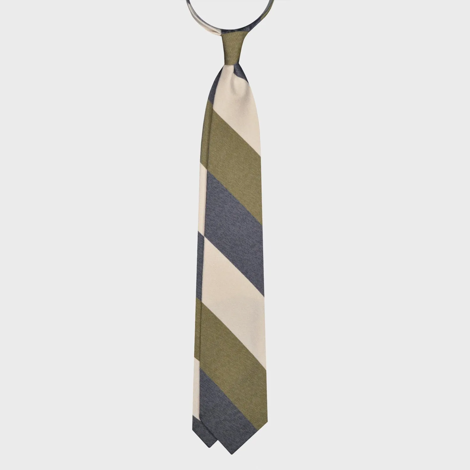 F.Marino Panama Silk Tie 3 Folds Regimental Maxi Stripes Olive