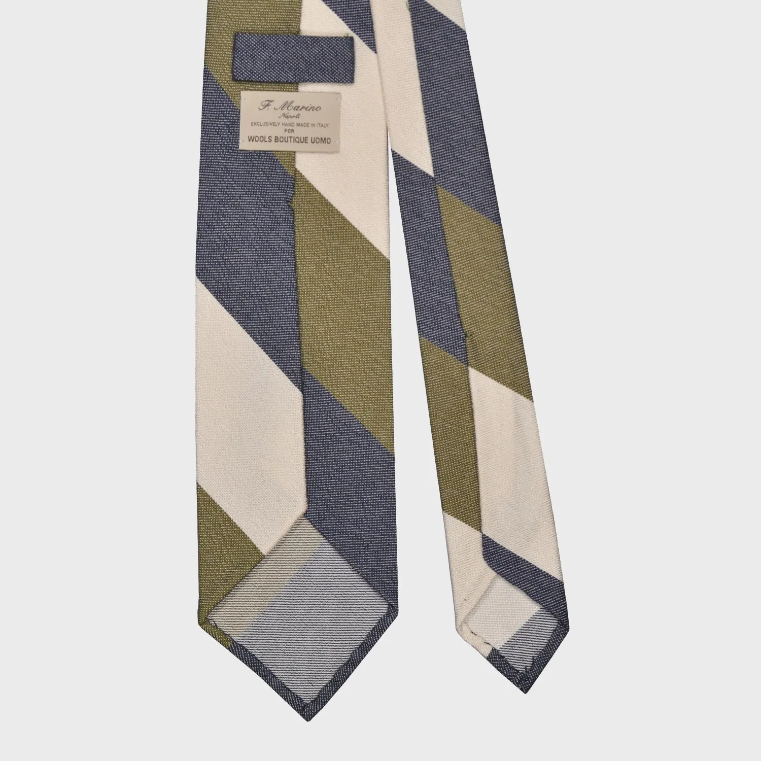 F.Marino Panama Silk Tie 3 Folds Regimental Maxi Stripes Olive