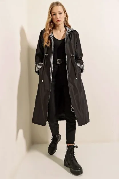 Gathered Waist Hooded Trench Coat