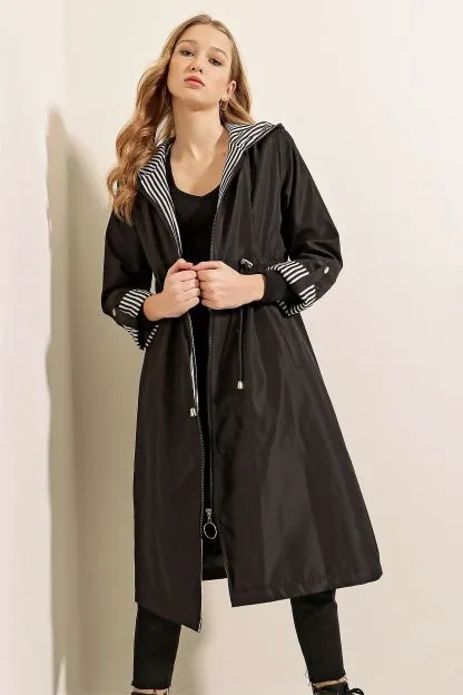 Gathered Waist Hooded Trench Coat