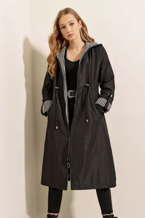 Gathered Waist Hooded Trench Coat