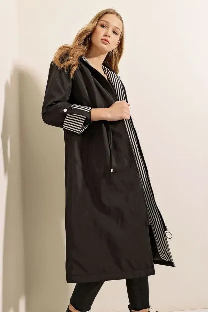 Gathered Waist Hooded Trench Coat