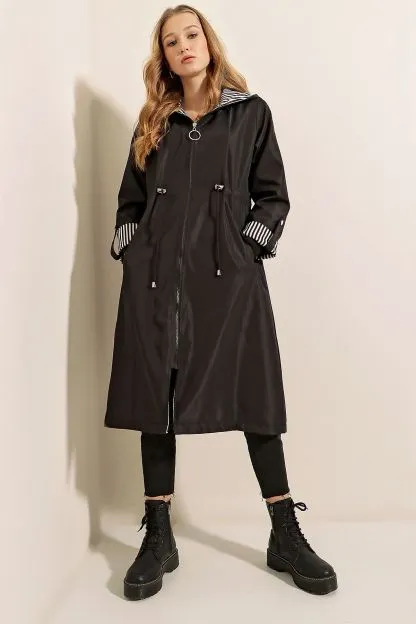 Gathered Waist Hooded Trench Coat