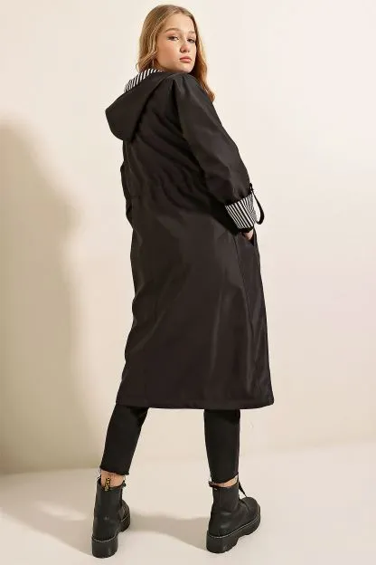 Gathered Waist Hooded Trench Coat