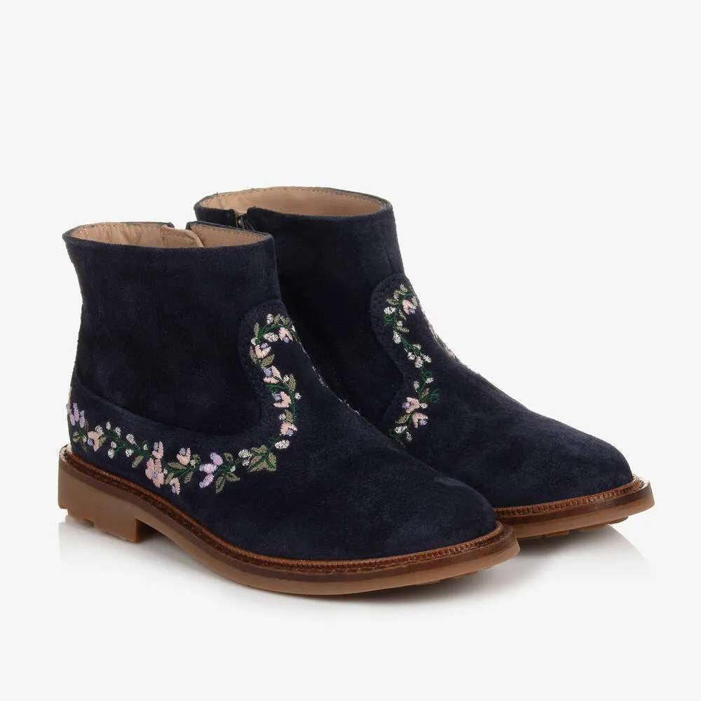 Girls Blue Suede Floral Boots