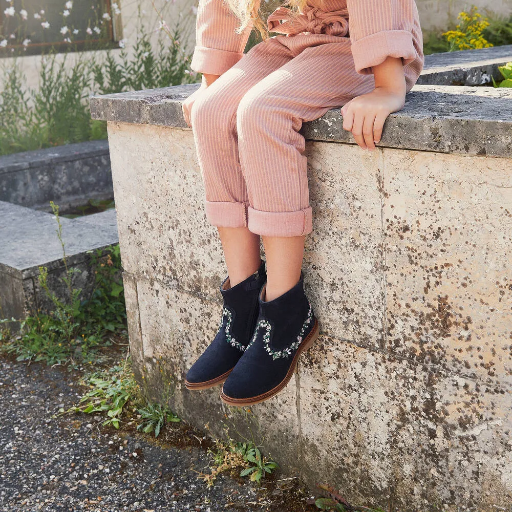 Girls Blue Suede Floral Boots