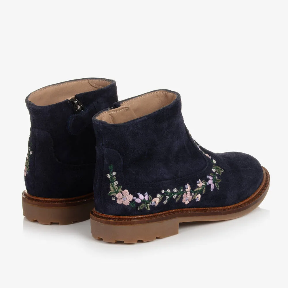 Girls Blue Suede Floral Boots