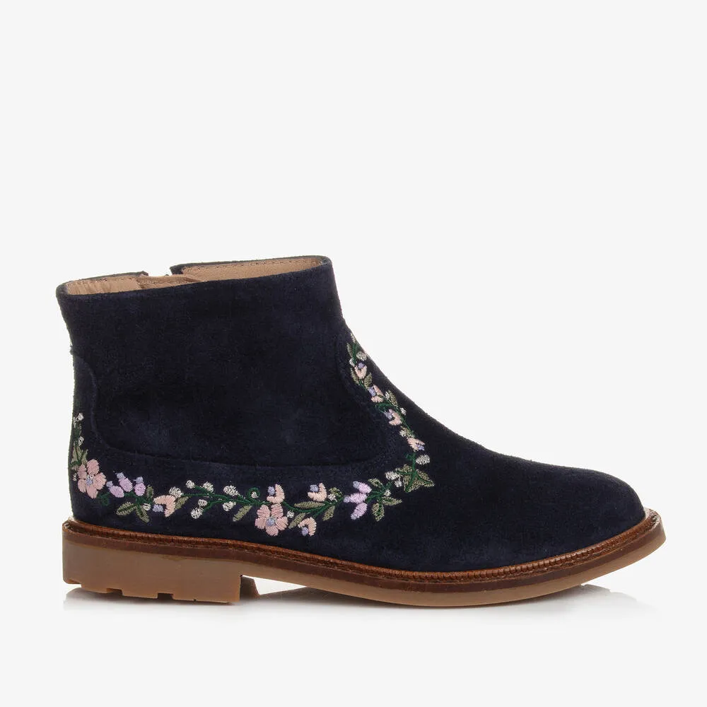 Girls Blue Suede Floral Boots