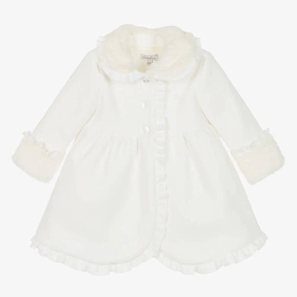 Girls Ivory Ruffle Collar Coat