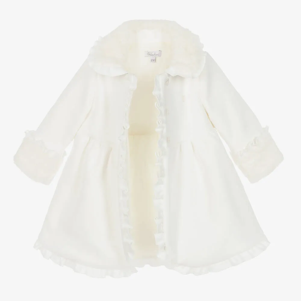 Girls Ivory Ruffle Collar Coat