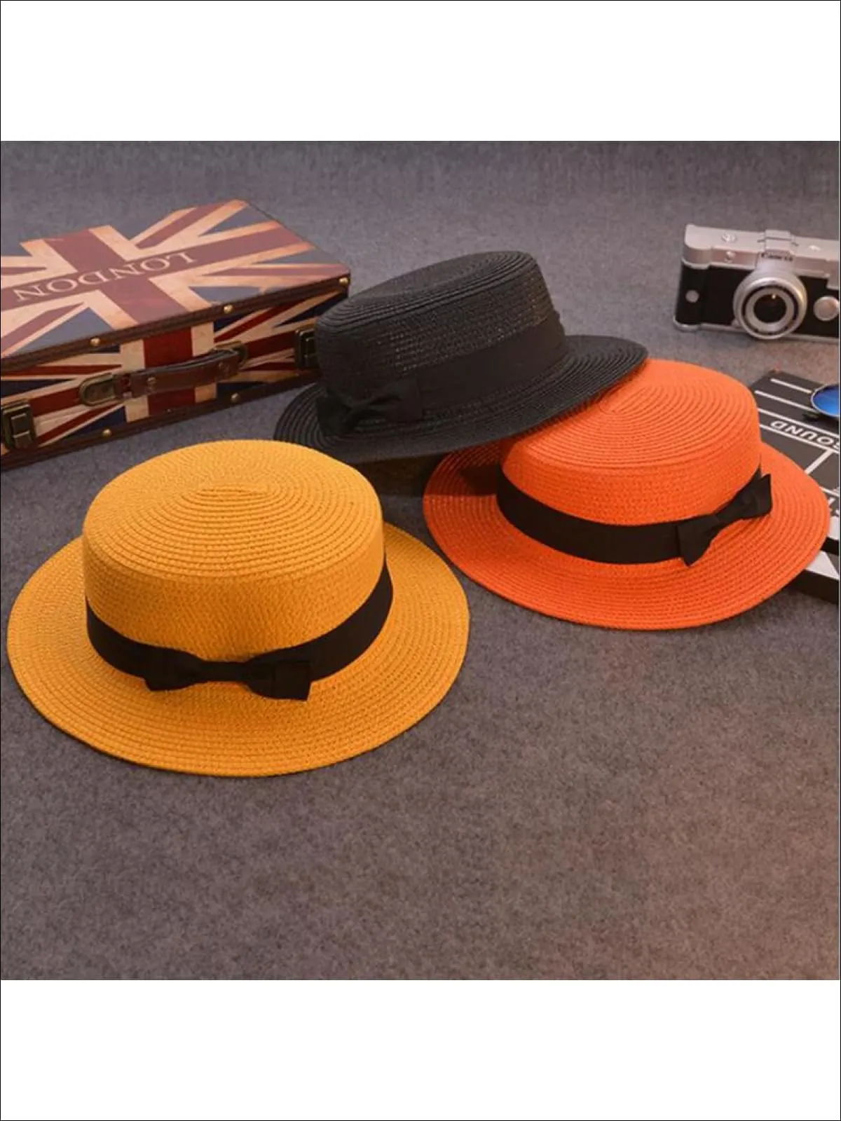 Girls Woven Straw Fedora Hat with Bow Tie (Multiple Color Options)