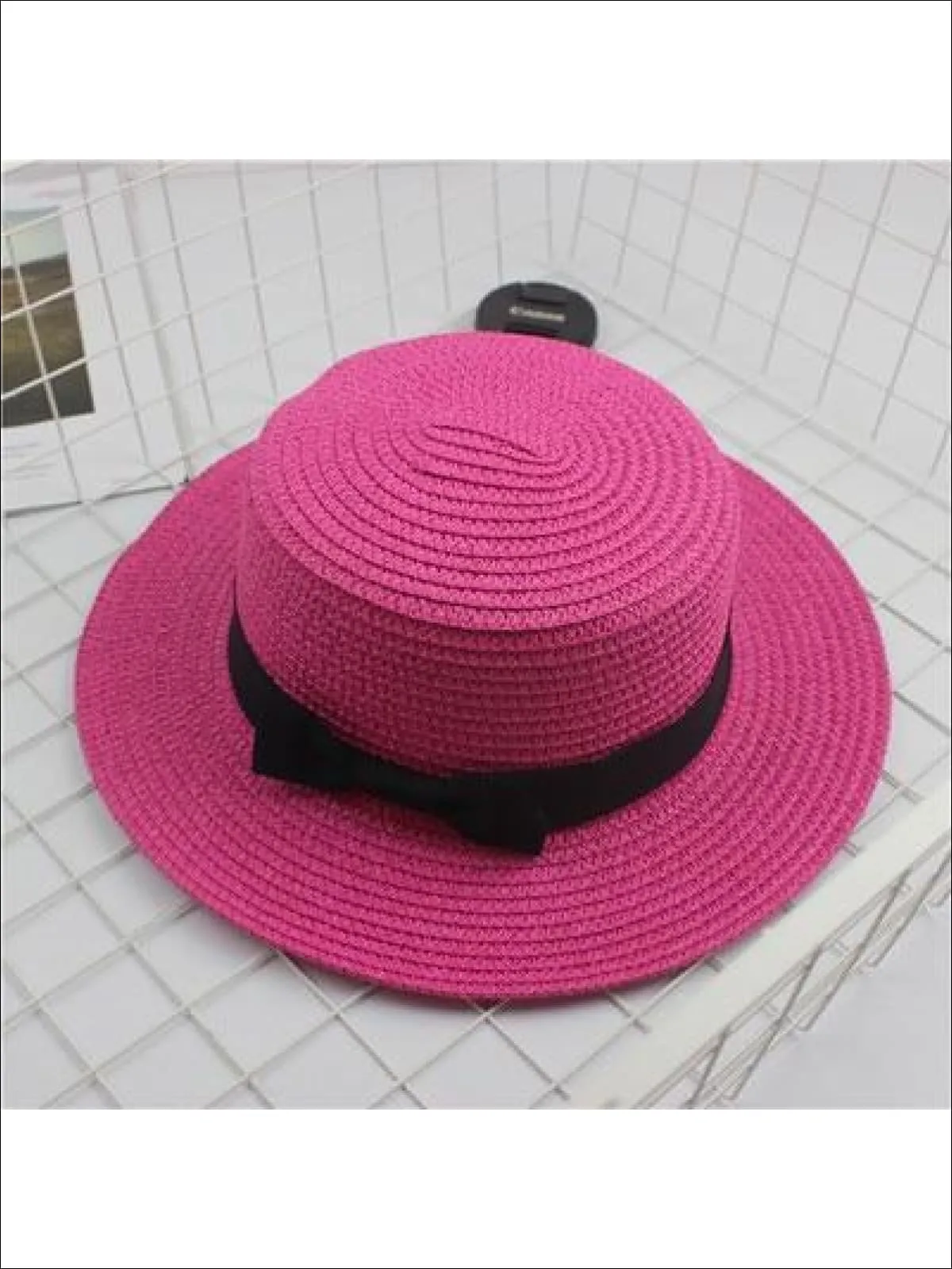 Girls Woven Straw Fedora Hat with Bow Tie (Multiple Color Options)