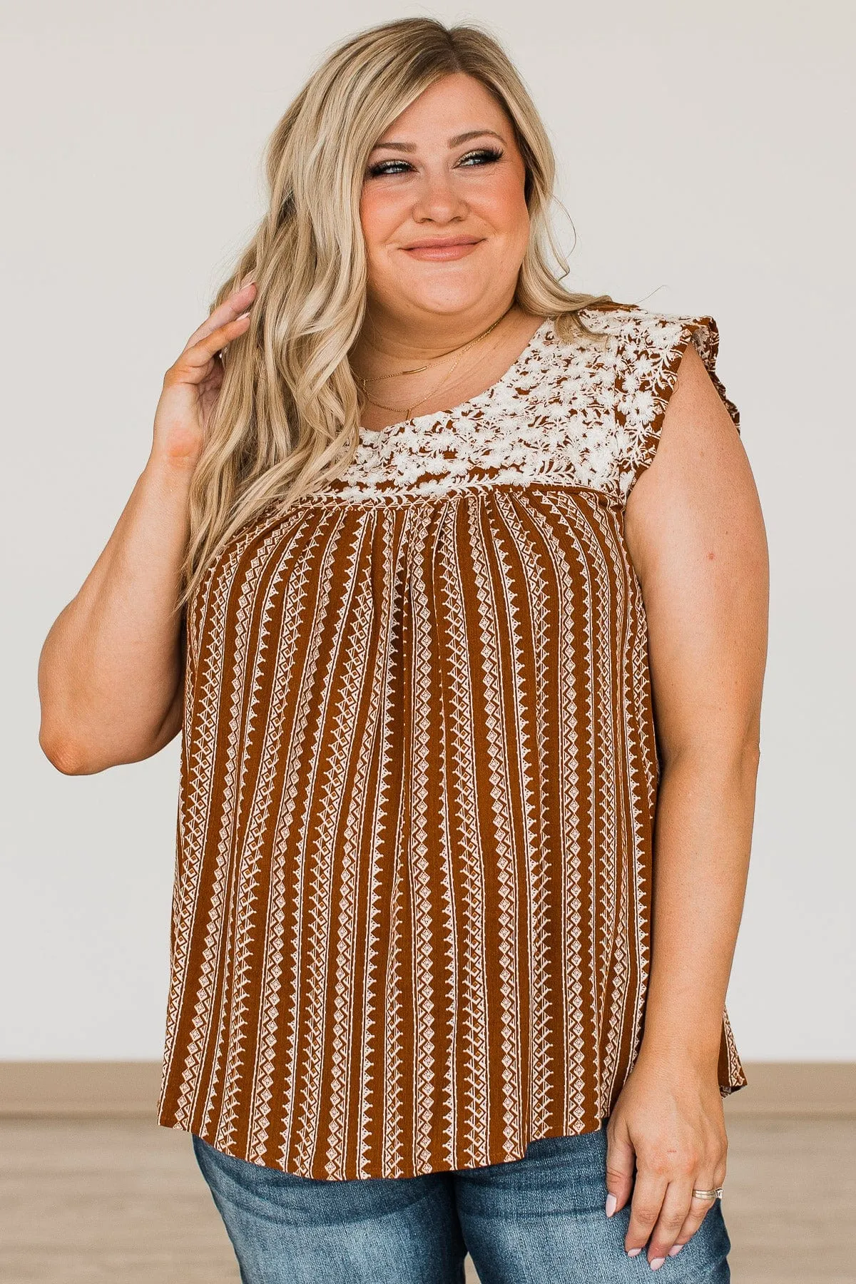 Going For It Crochet Blouse- Dark Camel