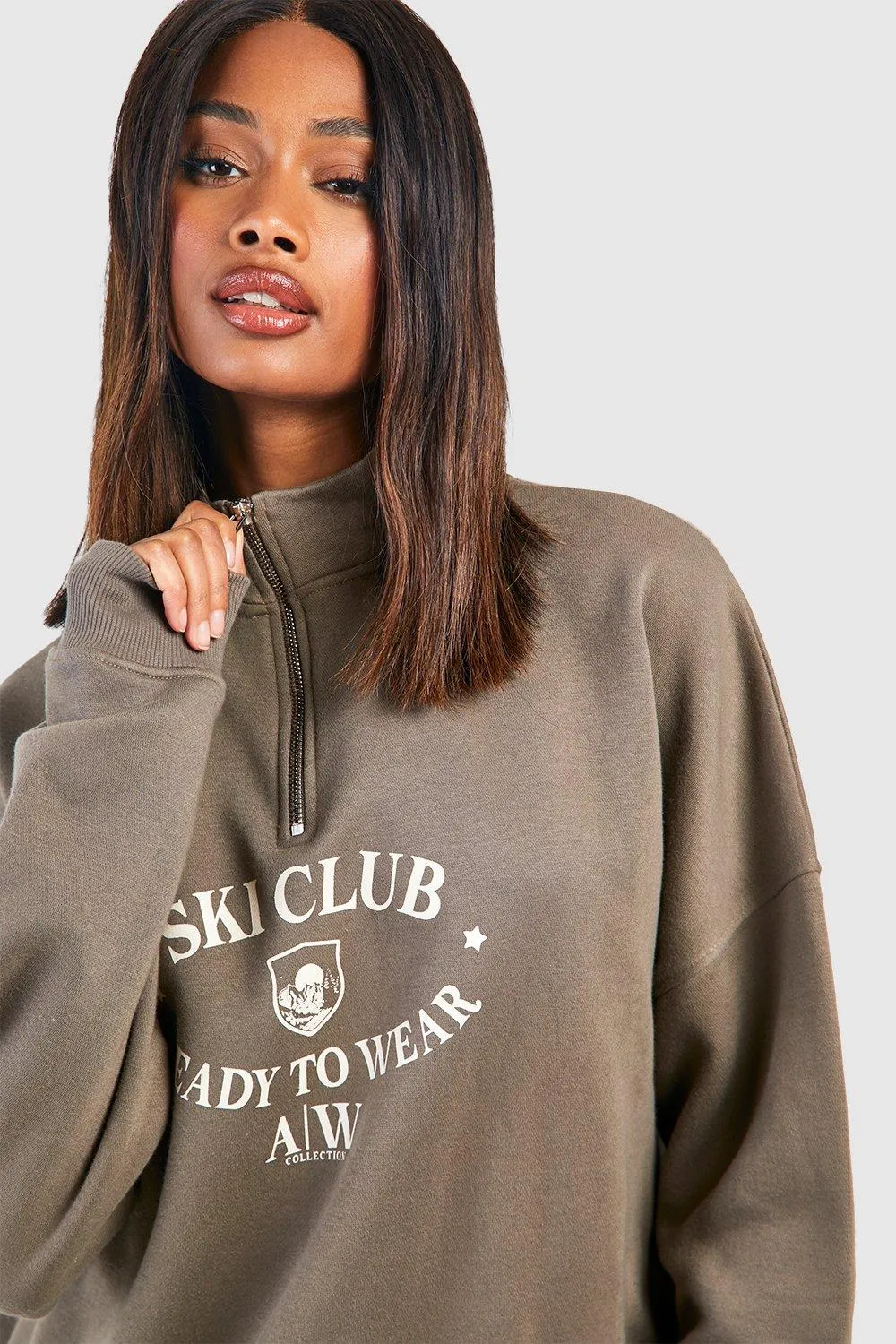 Hoodies & Sweatshirts | Ski Club Slogan Oversized Half Zip Sweatshirt | boohoo