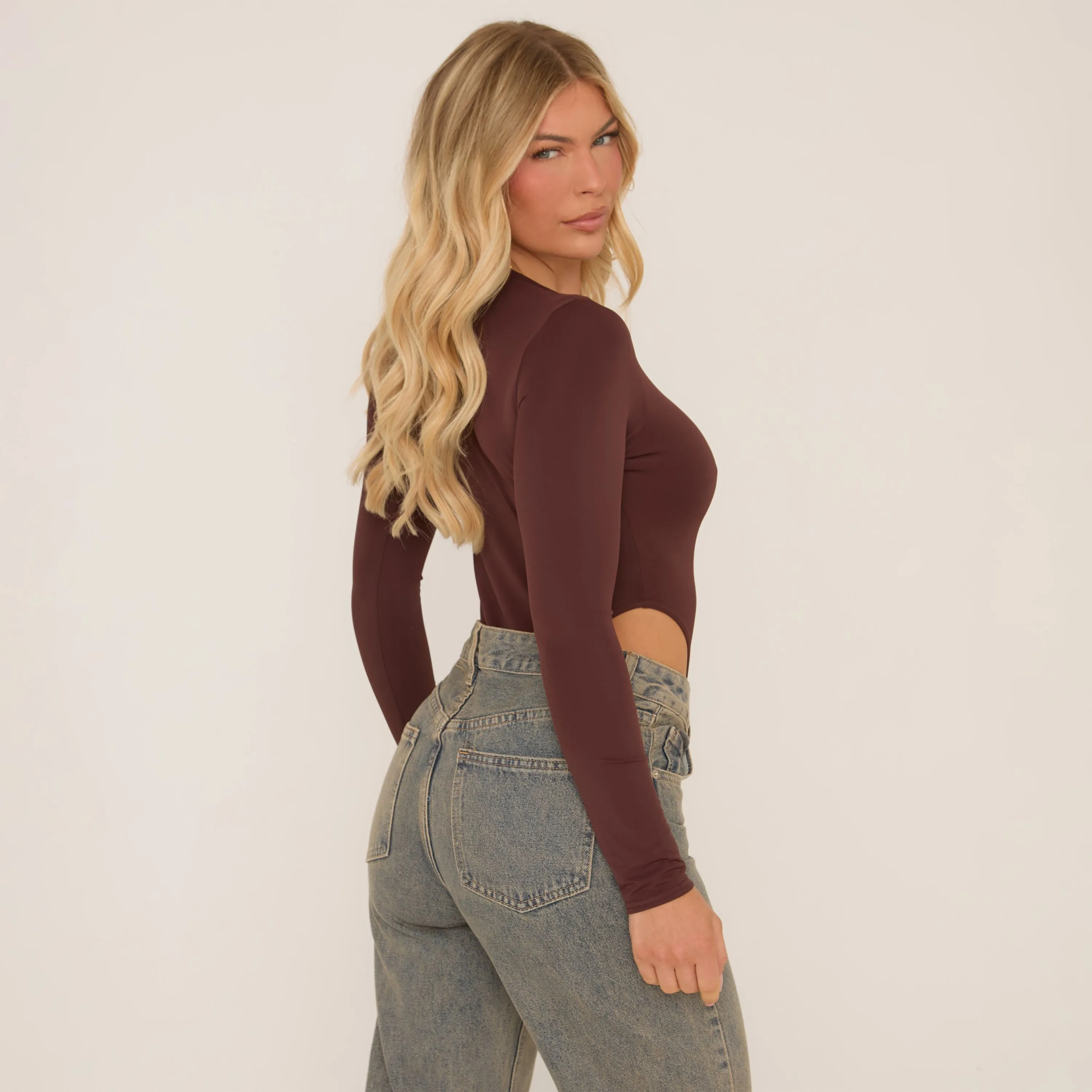 Long Sleeve High Leg Bodysuit In Matte Chocolate Brown Slinky