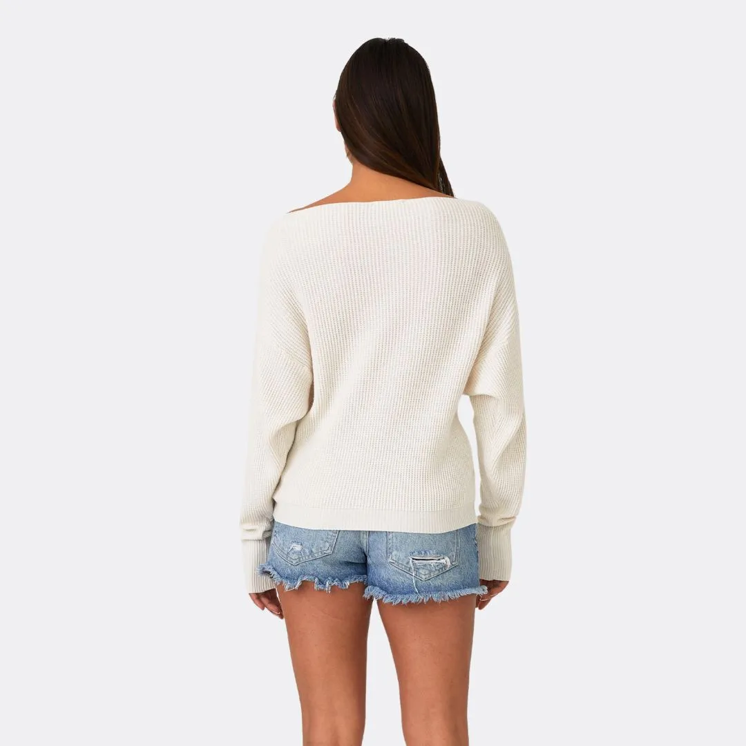 Long Sleeve Waffle Knit Pullover Sweater (Natural)